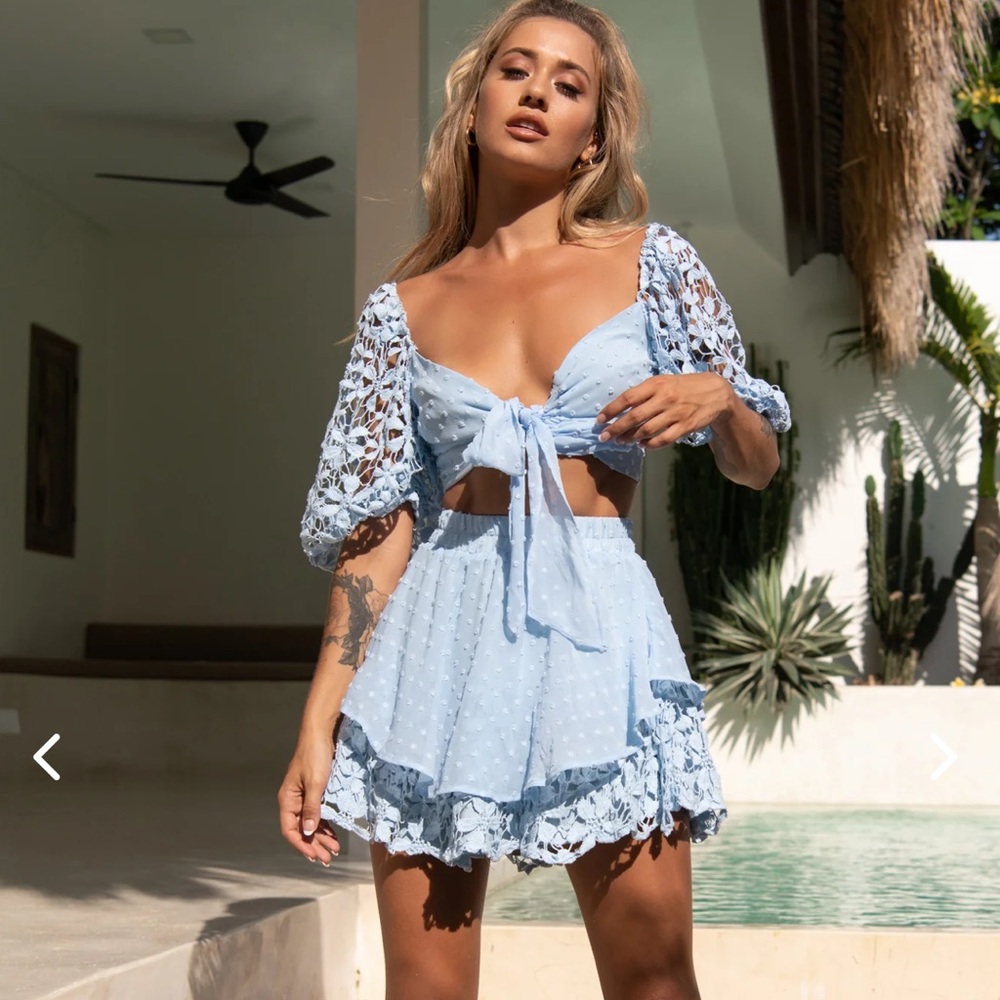 Selfie Leslie Light Blue top and skirt set - Ruffled Swiss Dot